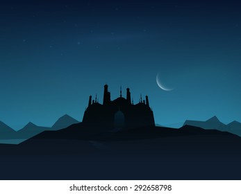 Beautiful mosque on crescent moon light blue background for Islamic festival, Eid celebration.