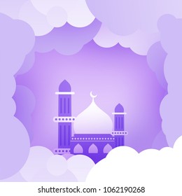 Beautiful mosque on paper cloud decorated background.