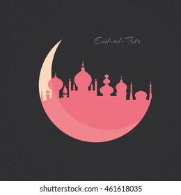 Beautiful mosque in a shape of a crescent - islamic vector template for Muslim community festival Eid Mubarak or Eid Al Fitr. 