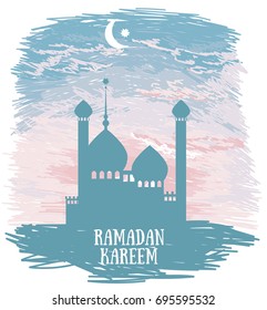 Beautiful mosque silhouette on sketch style sunrise or romantic tender sunset, card for ramadan kareem, vector illustration