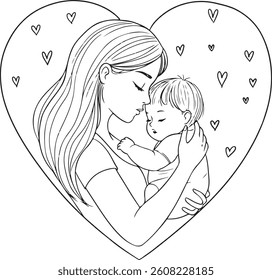 a beautiful mother and baby in a heart shaped frame, perfect for coloring pages and mother's day cards
