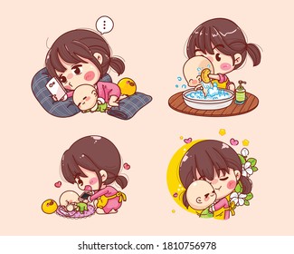 Beautiful mother and baby take a rest collection cartoon set illustration logo. Premium Vector