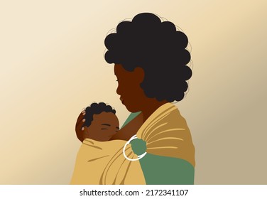 Beautiful mother babywearing. Vector family portrait of mom and baby