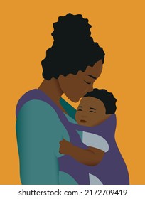 Beautiful mother babywearing. Vector family portrait of mom and baby