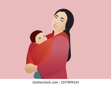 Beautiful mother babywearing. Vector family portrait of mom and baby