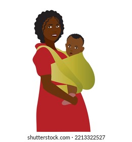 Beautiful mother babywearing. Vector family portrait of mom and baby