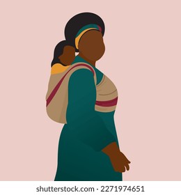 Beautiful mother babywearing. Vector family portrait of mom and baby