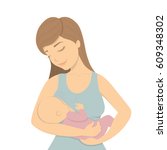 Beautiful mother breastfeeding her baby child holding him in her caring hands. Cartoon lactation vector illustration.