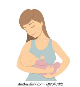 Beautiful mother breastfeeding her baby child holding him in her caring hands. Cartoon lactation vector illustration.