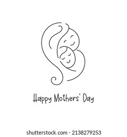Beautiful mother and child drawing, Text: Happy Mothers' Day. Hand drawn Line art vector illustration.