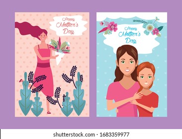 beautiful mother with daughter characters mothers day card vector illustration design