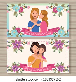 beautiful mother with daughter and floral frame mothers day card vector illustration design