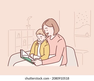 beautiful mother and daughter reading books. Hand drawn style vector design illustrations.