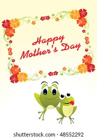 beautiful mother day card with cute frogs and floral design