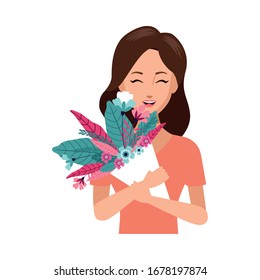 beautiful mother with flower bouquet character vector illustration design