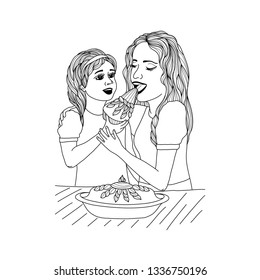 Beautiful mother and her happy daugter eating nice piece of cake  vector illustration