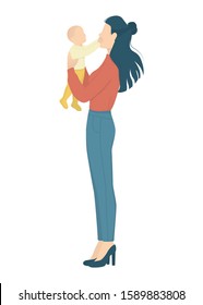 Beautiful mother holding little baby and smiling. Young woman and cute child. Love and care. Isolated vector illustration in cartoon style