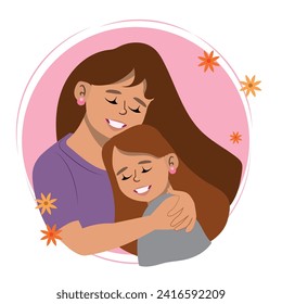 beautiful mother hugging her little daughter. Illustration for Mother's Day.