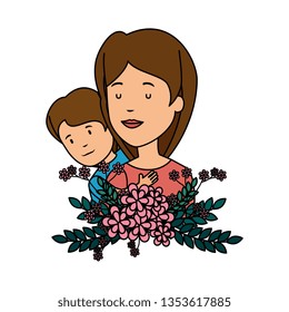 beautiful mother lifting son with floral decoration