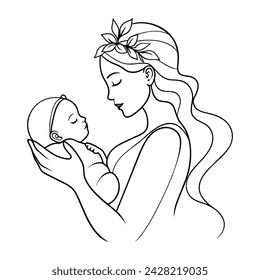 Beautiful mother with newborn baby continuous line art drawing.