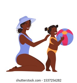 Beautiful mother play with her child. Vector illustration of happy childhood and family love. Woman and kid on the beach playing a ball.