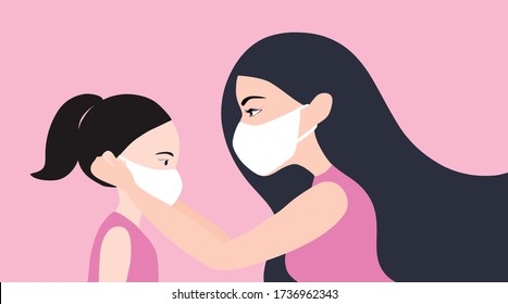 Beautiful mother putting face mask to her daughter to prevent COVID-19 coronavirus disease outbreak vector illustration. New normal wearing face mask going out concept background