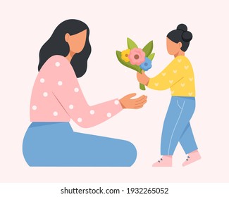 A beautiful mother receives a bouquet of flowers from her daughter. Happy Mother's Day. Flat vector illustration.