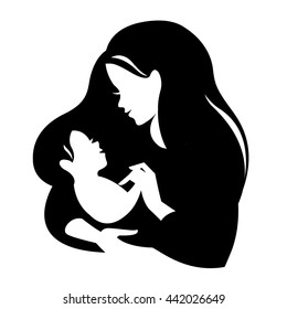 Beautiful mother silhouette with baby. Liner vector logo illustration on white background. Mother day card