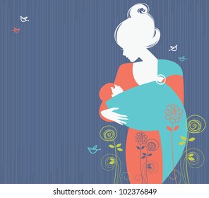 Beautiful Mother Silhouette With Baby In A Sling And Floral Background