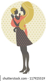 Beautiful mother silhouette with baby in a sling, retro illustration