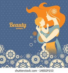 Beautiful mother silhouette with baby in a sling and floral background	