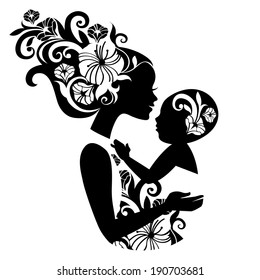 Beautiful mother silhouette with baby in a sling. Floral illustration