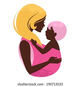 Beautiful mother silhouette with baby in a sling