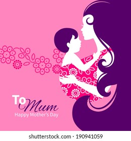 Beautiful mother silhouette with baby in a sling. Floral illustration
