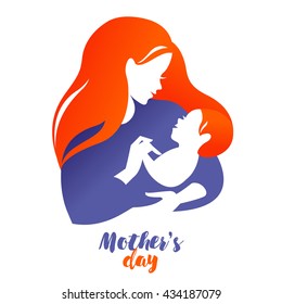 Beautiful mother silhouette with baby. Vector logo illustration on white background