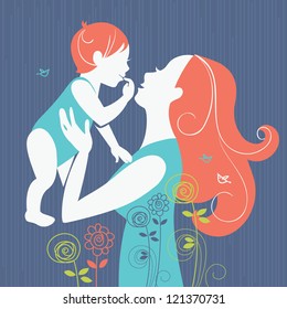 Beautiful mother silhouette with her baby with floral background. Card of Happy Mothers Day