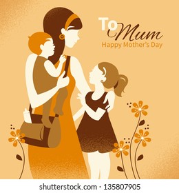 Beautiful mother silhouette with her children. Cards of Happy Mother's Day