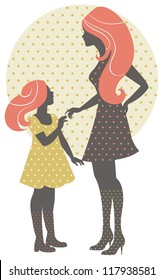 Beautiful mother silhouette with her daughter in retro style	