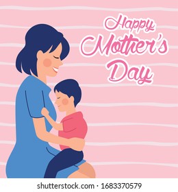 beautiful mother with son characters mothers day card vector illustration design