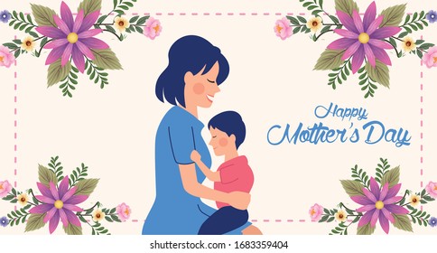 beautiful mother with son and floral frame mothers day card vector illustration design
