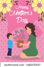 beautiful mother with son giving houseplant floral frame mothers day card vector illustration design
