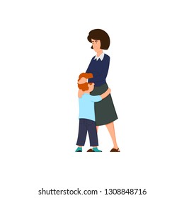 Beautiful mother and son hugging. Vector illustration isolated on white background.