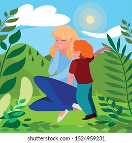 beautiful mother with son in the landscape vector illustration design