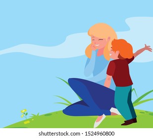 beautiful mother with son in the landscape vector illustration design