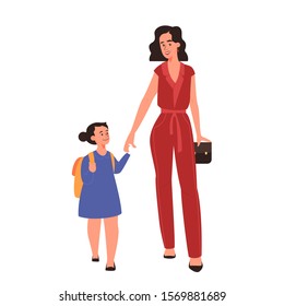 Beautiful mother walk her daughter to school. Happy child and mom spend time together. Love and happiness. Isolated vector illustration in cartoon style