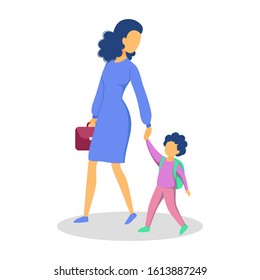 Beautiful mother walk her kid to school. Happy child and mom spend time together. Love and happiness. Isolated vector illustration in cartoon style