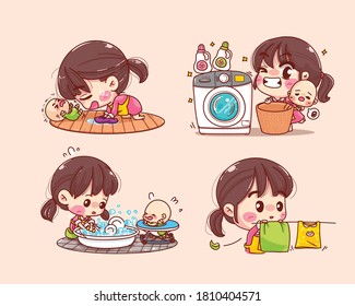 Beautiful mother working home with baby collection. cartoon illustration logo set. Premium Vector