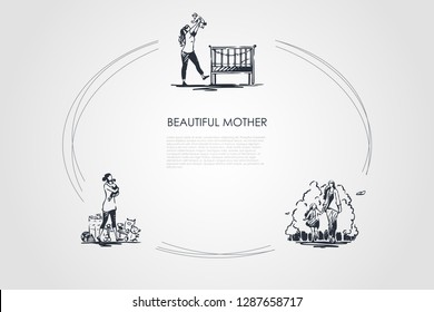 Beautiful mother - young woman carrying and holding baby on her hands and walking with daughter vector concept set. Hand drawn sketch isolated illustration