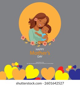 Beautiful Mother's Day Artwork Featuring a Loving Mother Holding Her Child, Surrounded by Floral Accents and Hearts – Ideal for Holiday Cards, Prints, and Digital Designs.