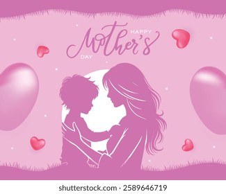 Beautiful Mother's Day background featuring a mother and child silhouette under a glowing moon, surrounded by pink heart balloons and soft grass edges. Perfect for cards and social media